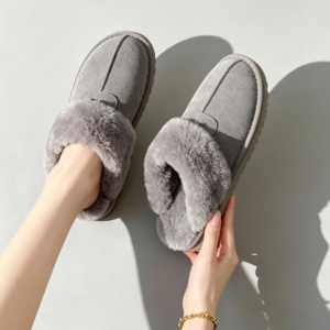 Women Men Fuzzy Slippers Suede Upper Cow Leather Lined Fluffy House Shoes Slip On Closed Toe Indoor Outdoor Slippers