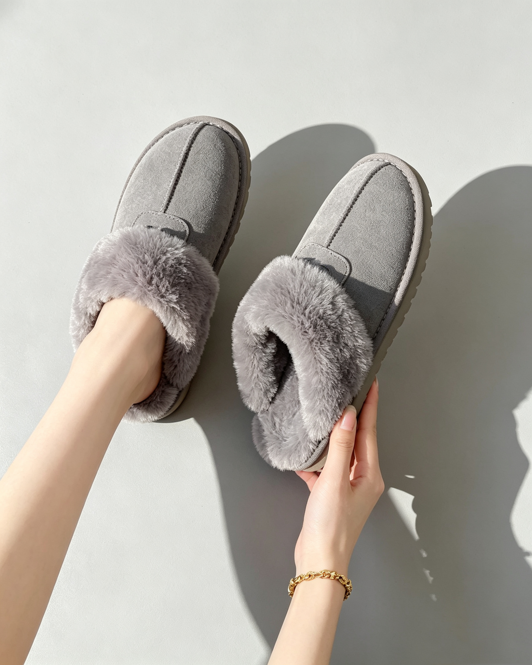 Women Men Fuzzy Slippers Suede Upper Cow Leather Lined Fluffy House Shoes Slip On Closed Toe Indoor Outdoor Slippers