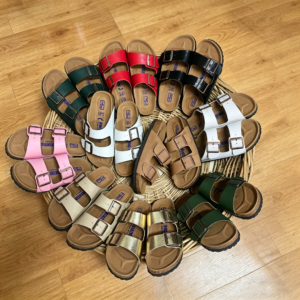 Unisex brown double strap suede leather sandals with soft cork footbed and adjustable buckles, casual summer style