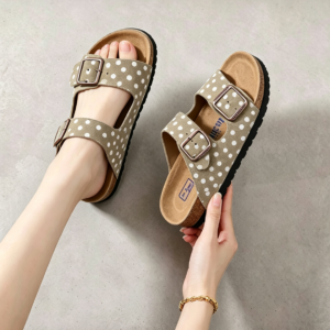 Beige polka‑dot print unisex double‑strap cork footbed slide sandals with adjustable metal buckles, summer casual slip‑on footwear