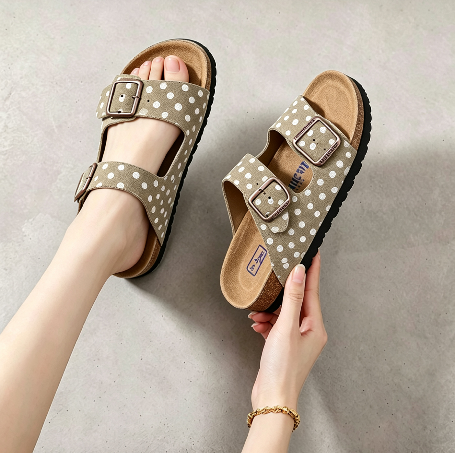 Beige polka‑dot print unisex double‑strap cork footbed slide sandals with adjustable metal buckles, summer casual slip‑on footwear
