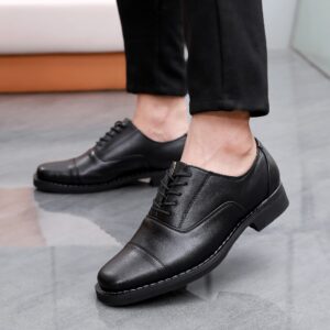 Unisex cap-toe oxford leather shoes, black lace-up formal dress shoes with hand-stitched rubber sole and pigskin lining