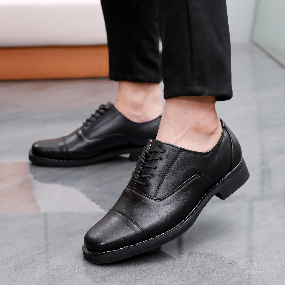 Unisex cap-toe oxford leather shoes, black lace-up formal dress shoes with hand-stitched rubber sole and pigskin lining