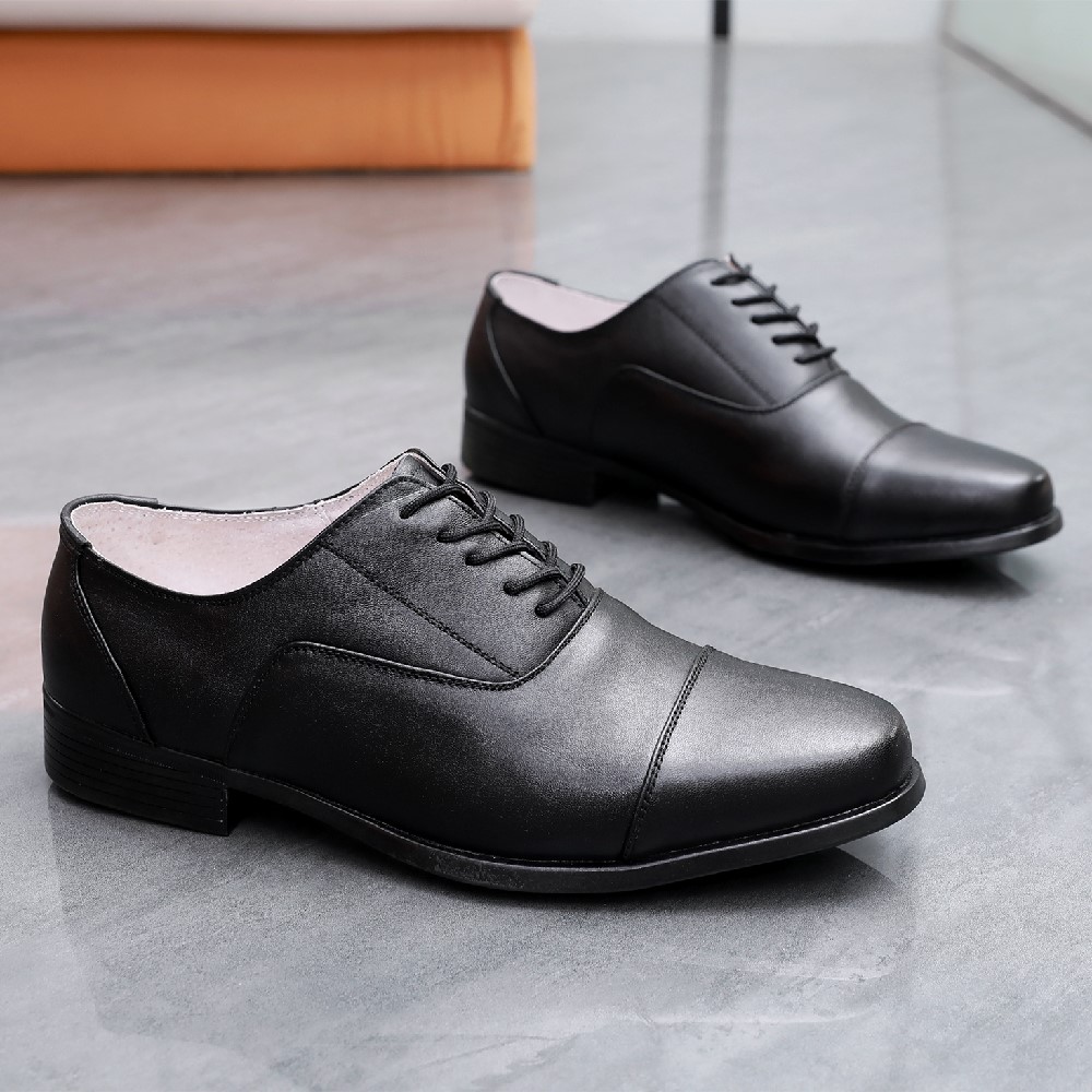 Men's black cap-toe oxford leather shoes with rubber sole and pigskin lining, model 302