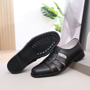 Men's black leather fisherman sandals with cowhide upper, pigskin lining, and rubber glued sole, slip-on style
